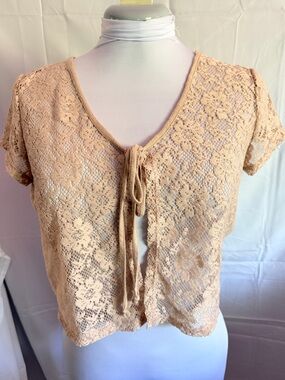 Absolute Angel Lace Tie-Front Crop Top in Light Tan